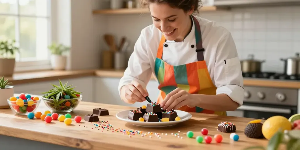 Buy weed edibles UK, chef preparing cannabis-infused gourmet sweets in a bright kitchen
