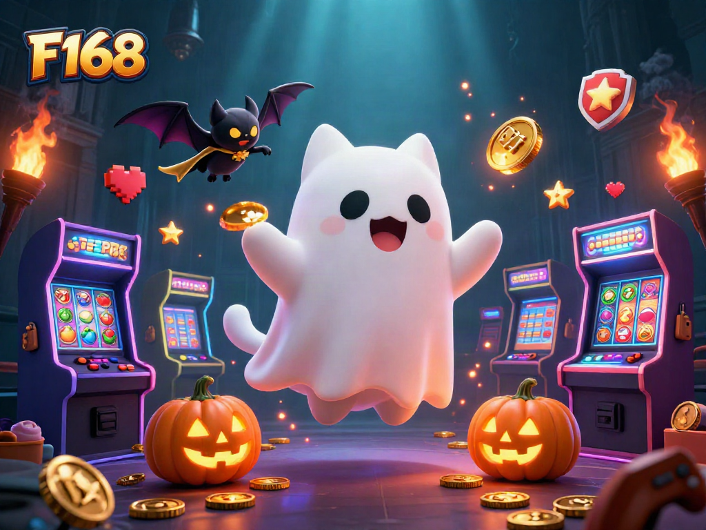 Engage with F168's haunted casino adventure showcasing a ghost cat, vampire bat, and glowing slot symbols.