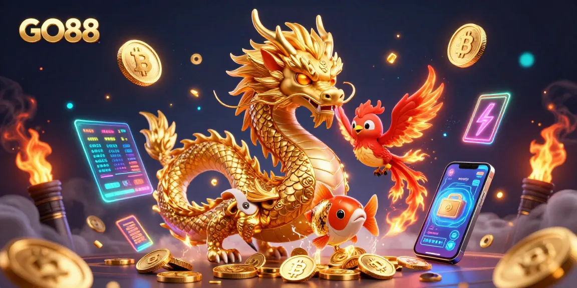 Experience GO88 with a powerful dragon, glowing coins, and vibrant gaming elements in this dynamic illustration.
