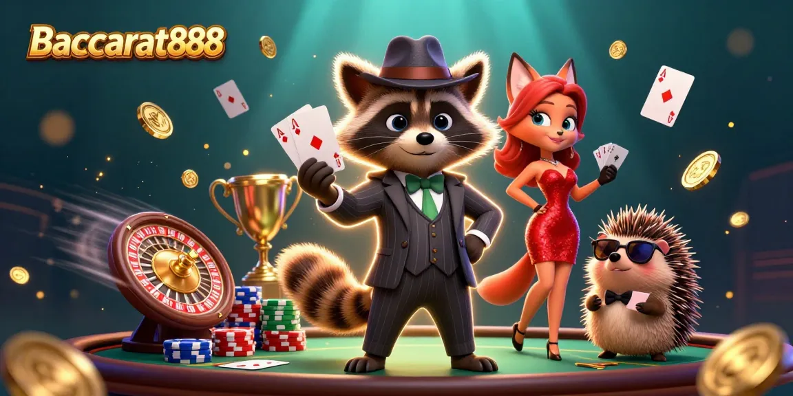 Baccarat888 showcases an exciting casino scene with raccoon, fox, and hedgehog characters amidst dynamic poker elements.
