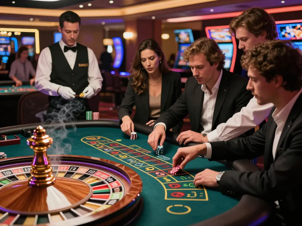 Engaging roulette gameplay at keonhacai casino with players placing bets under vibrant lighting.