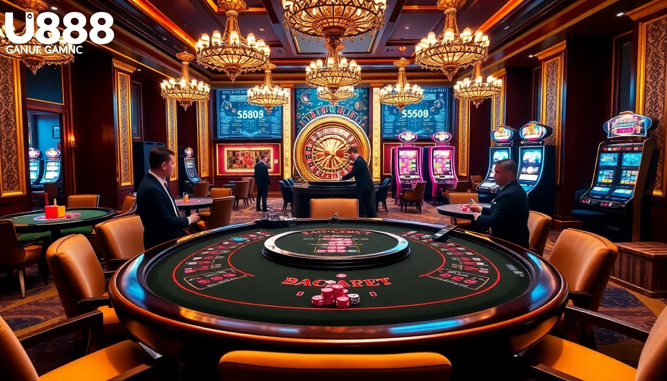 Experience the thrill of playing at Nhà cái U888's luxurious casino, complete with professional gaming tables and vibrant decor.