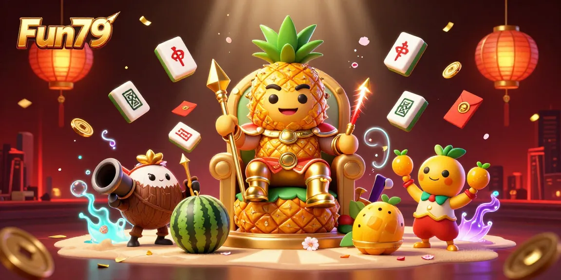 Experience Fun79 with a vibrant casino scene featuring a golden pineapple king and lively characters.
