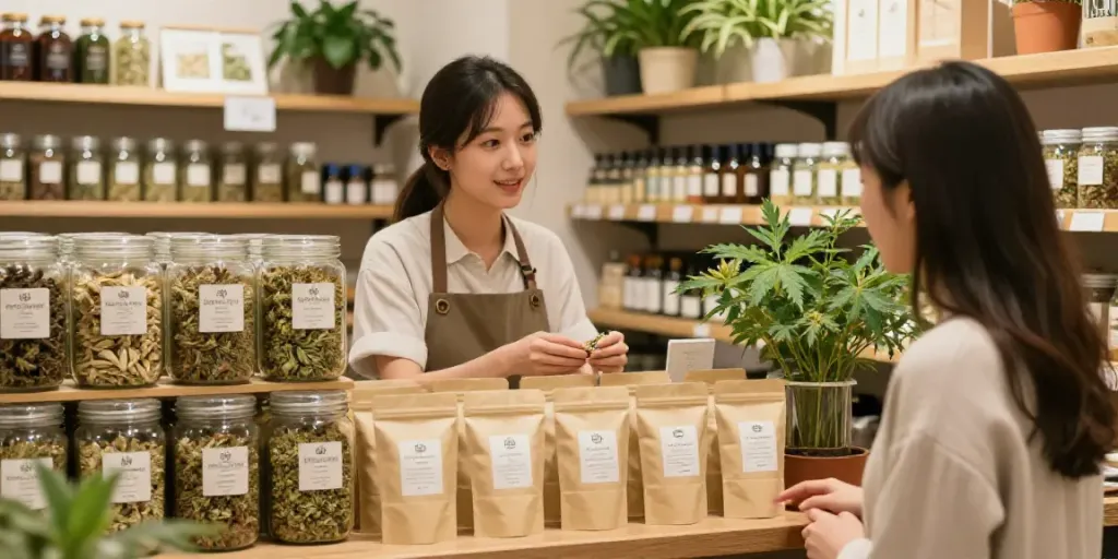 CBD Blüten kaufen in zauberhaftem Geschäft mit großen Gläsern und hilfsbereitem Personal.