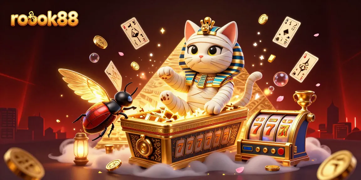 Experience rokok88 with a dynamic 3D casino scene featuring a mummy cat and glowing scarab.
