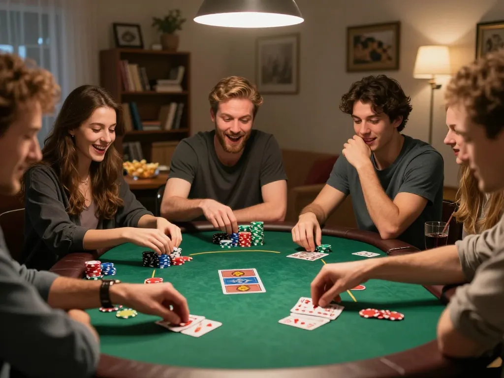 Engaging poker night atmosphere showcasing friends during intense gameplay as they login to đăng nhập qq88 for strategic moves.