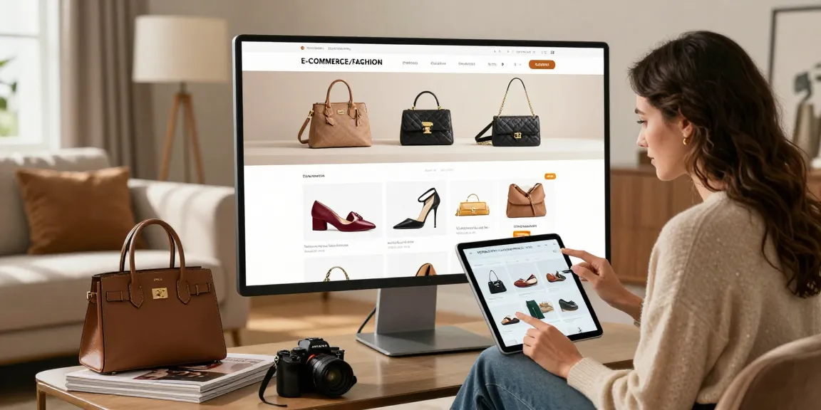 Engaging online shopping scene highlighting a variety of luxury items at a 레플리카 쇼핑몰, featuring a model exploring the site in a cozy living area.