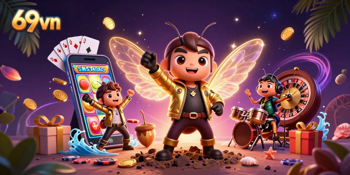 Engage with 69vn's thrilling gaming experience featuring colorful slots and energetic characters.