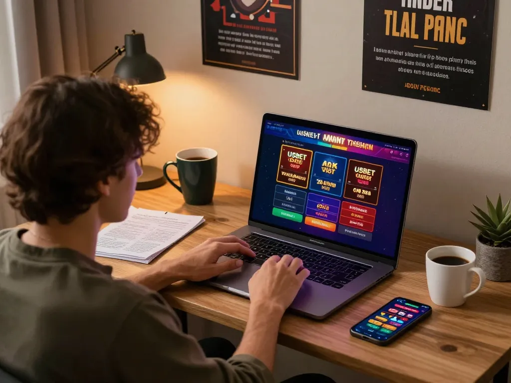 Engaging online gaming scene with USBET interface on laptop showcasing responsible gaming.