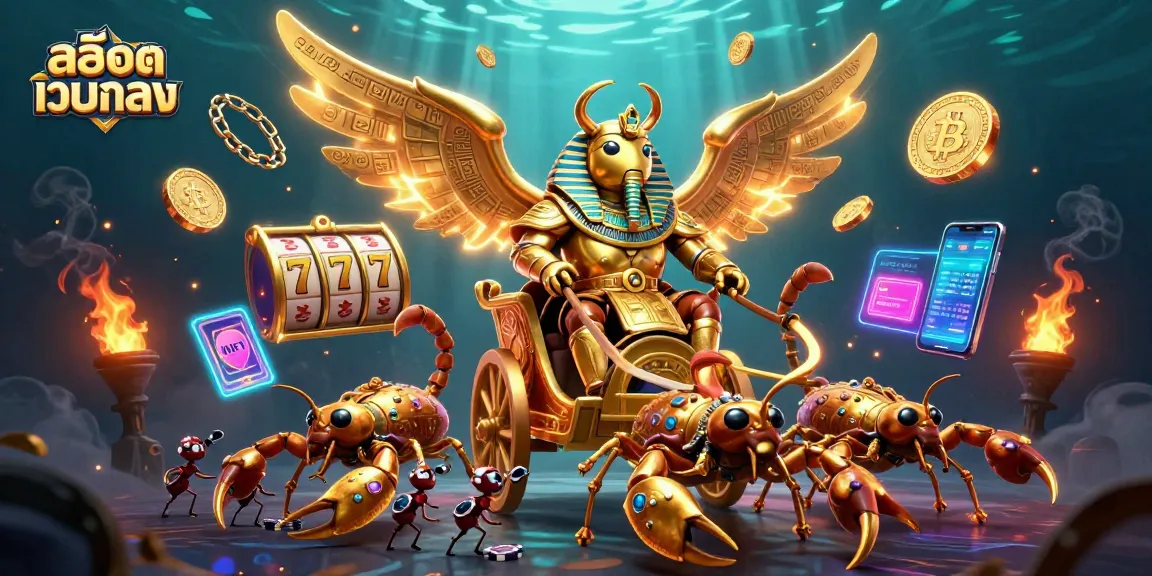 Engage with สล็อตเว็บตรง as a colossal golden scarab beetle leads a dynamic chariot scene featuring casino elements.