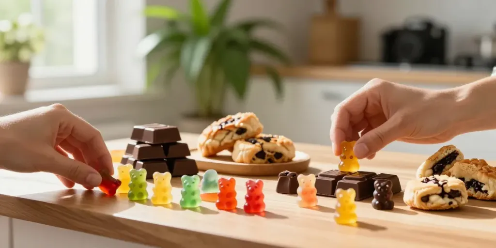 Buy weed edibles UK scene featuring colorful cannabis-infused gummy bears and chocolates in a sunlit kitchen.