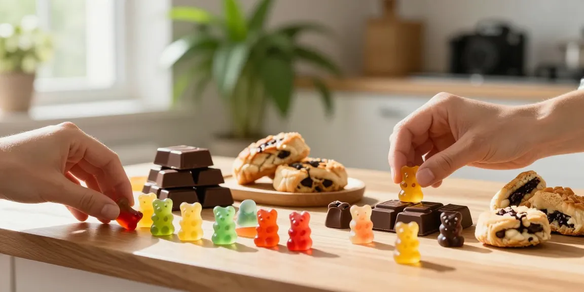 Buy weed edibles UK scene featuring colorful cannabis-infused gummy bears and chocolates in a sunlit kitchen.