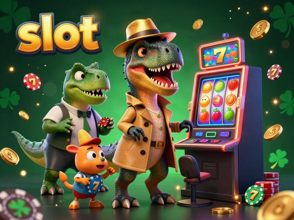 Velociraptor card counter plays slots in a vibrant casino scene with charming characters.