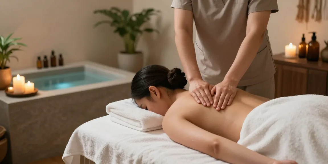 Client receiving a soothing 구로마사지 in a serene spa environment with calming elements.