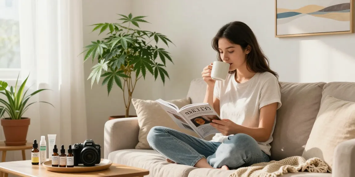 Cannabis strain wellness moment featuring CBD oil, plants, and organic products in a serene indoor space.