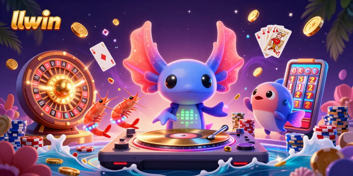 Captivating scene of llwin's playful axolotl DJ and vibrant marine friends enjoying a casino party.