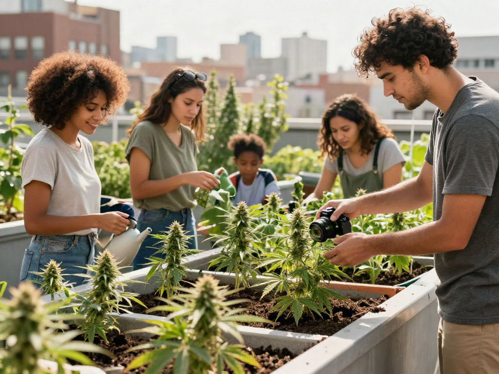 Group of young adults cultivating CBD cannabis seeds in an urban garden.