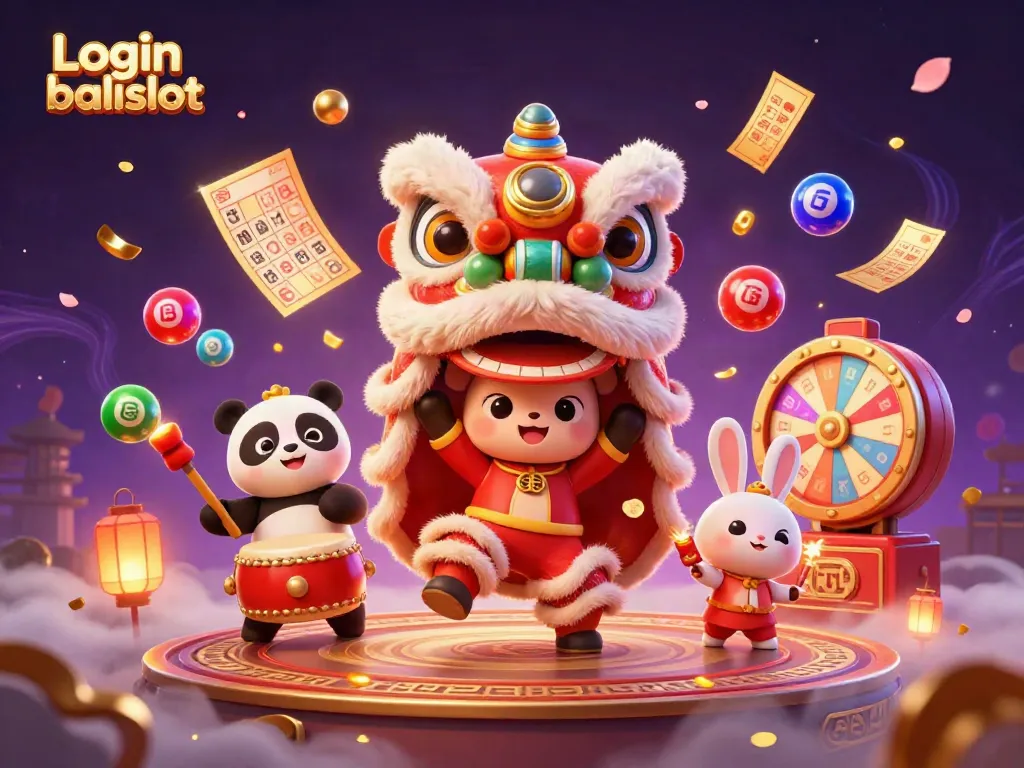 Experience the thrill of gaming with Login balislot in this dynamic casino celebration illustration featuring a cartoon lion dance.