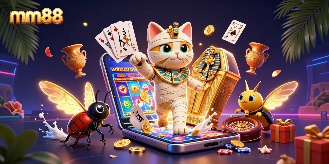 Engage with mm88's vibrant online gaming scene featuring a cartoon Egyptian mummy cat and golden scarab