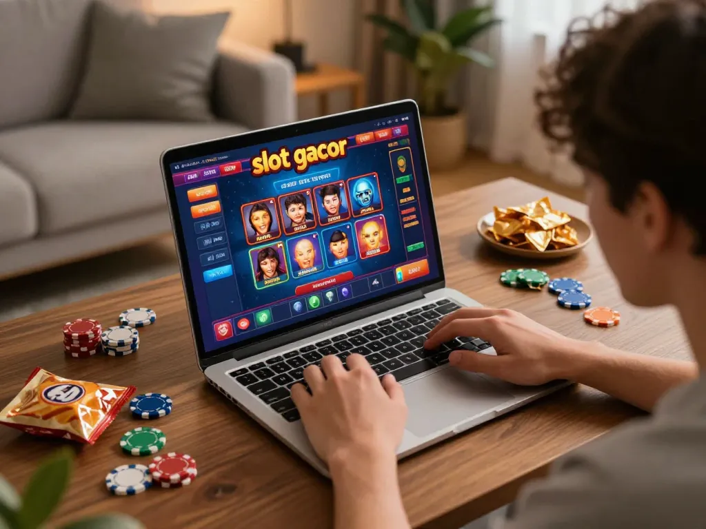 Engaging player enjoying slot gacor games on a laptop, cozy home setting with snacks.