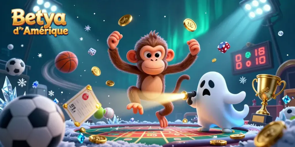 Engage in thrilling entertainment with Betya Prix d'Amérique, showcasing an exciting scene with a mischievous monkey and ghost-hunter puppy.
