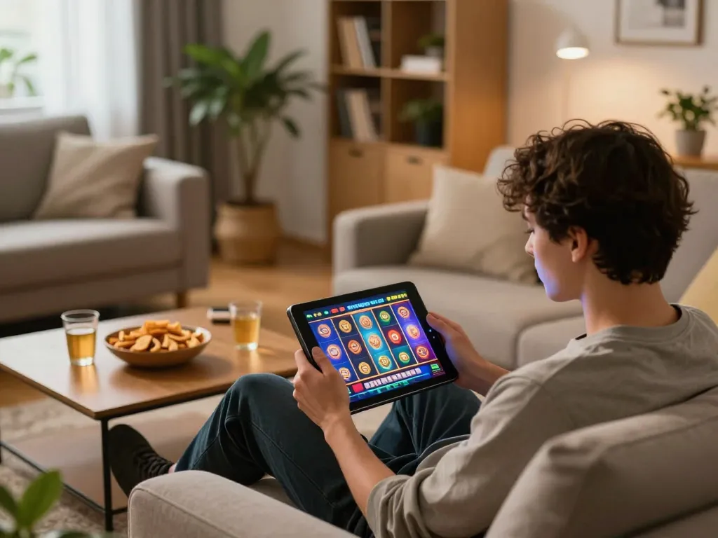 Engaging in slot gacor gameplay on a tablet in a cozy home environment