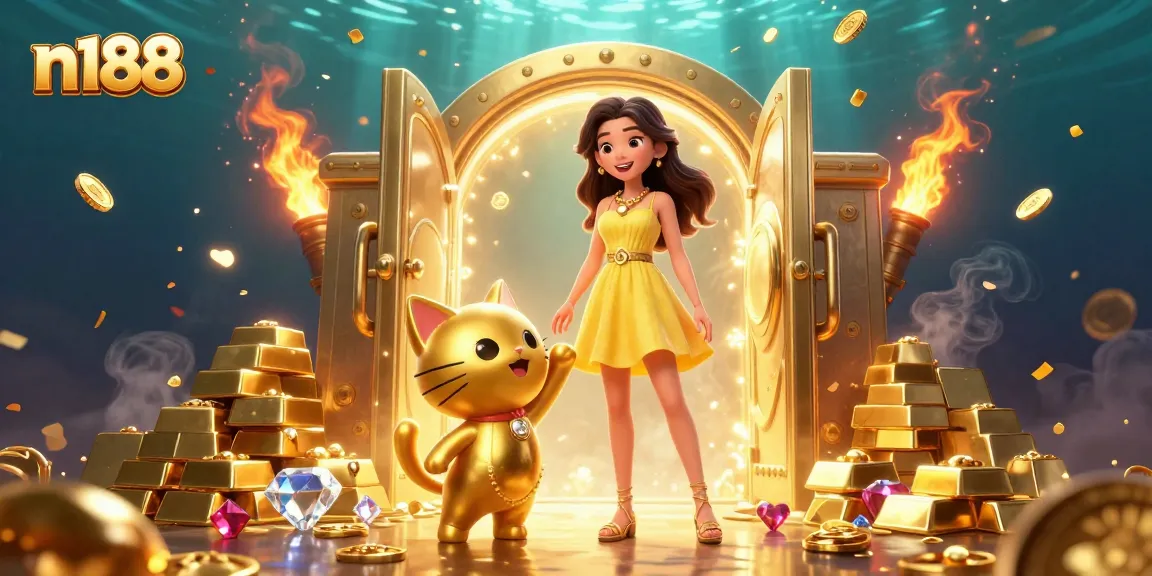 Join the excitement at n188 with a golden vault bursting open, celebrating online gambling.