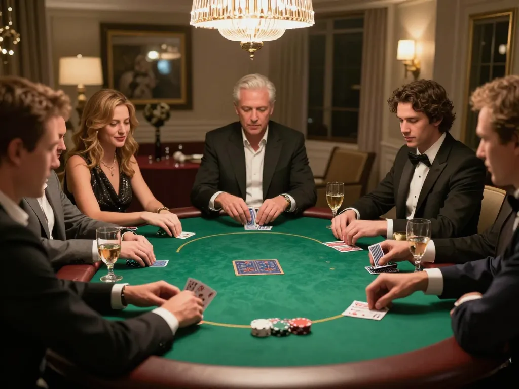 Players engage in intense poker strategy at a luxurious Fly88 home game setup.
