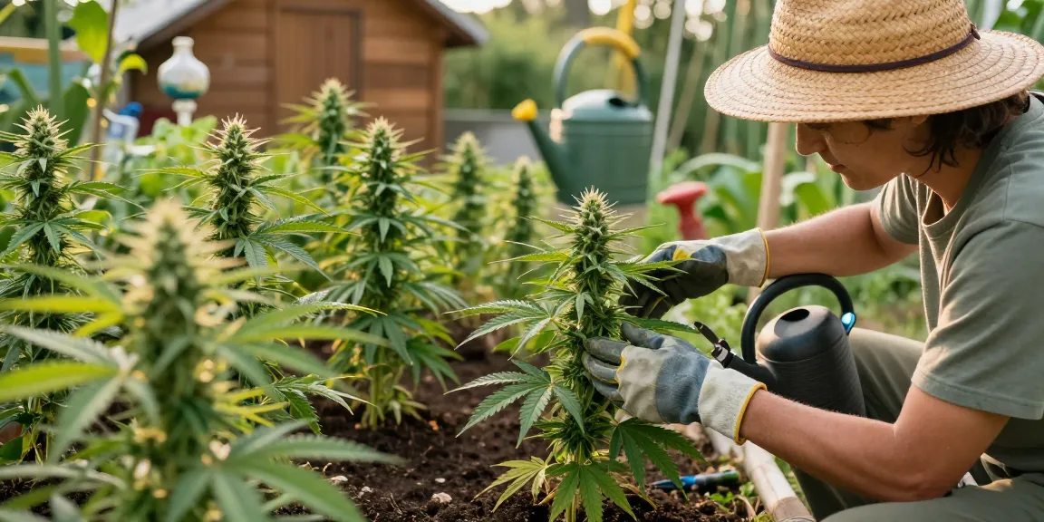 Feminisierte Cannabissamen kaufen im Garten mit einem erfahrenen Züchter, der gesunde Pflanzen pflegt.