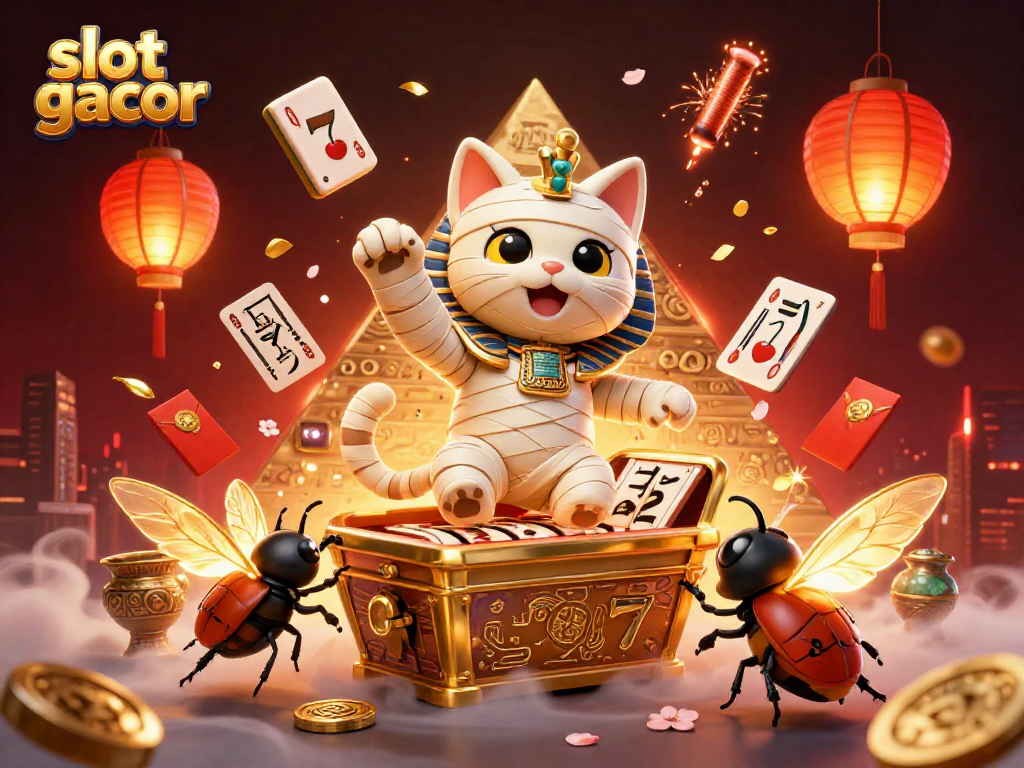 Experience slot gacor excitement with a mummy cat and lucky symbols in this 3D casino scene.