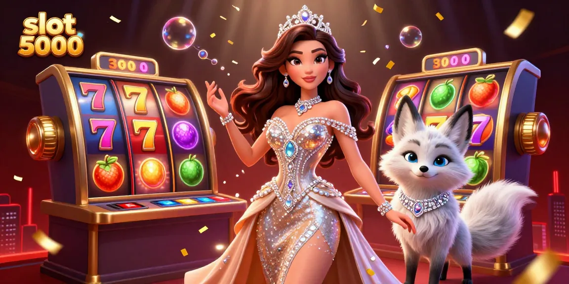 Engaging gaming scene showcasing slot 5000 with colorful reels, lucky 7s, and gold confetti, perfect for thrilling casino experiences.