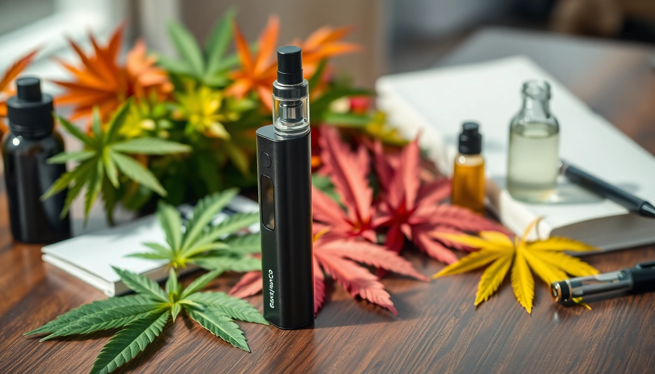 What is THC vape portrayed with a stylish vape on a wooden table, surrounded by cannabis leaves.