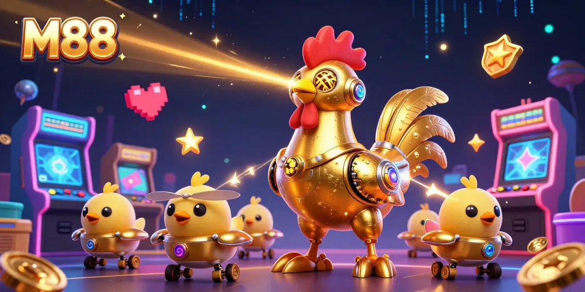 M88 showcases golden rooster robot and drones in a vibrant gaming scene filled with casino excitement.