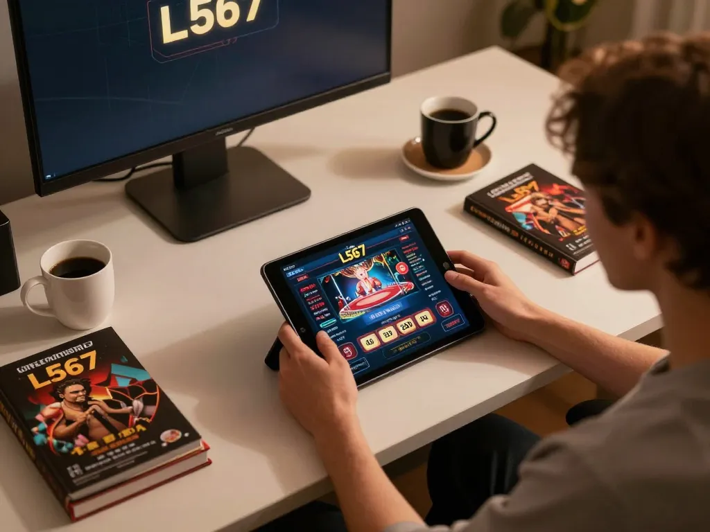 Engaging online gaming scene showcasing L567 tech gaming interface on tablet, highlighting responsible gambling.