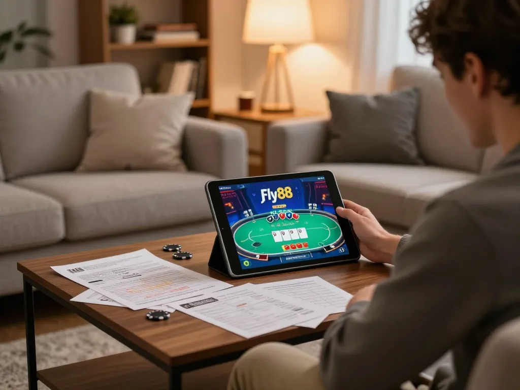 Player using tablet for online gambling at home with Fly88 đăng nhập visible on screen.