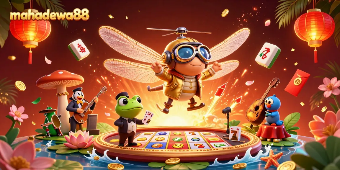 Experience the excitement of mahadewa88 with an animated dragonfly pilot above a vibrant casino scene.