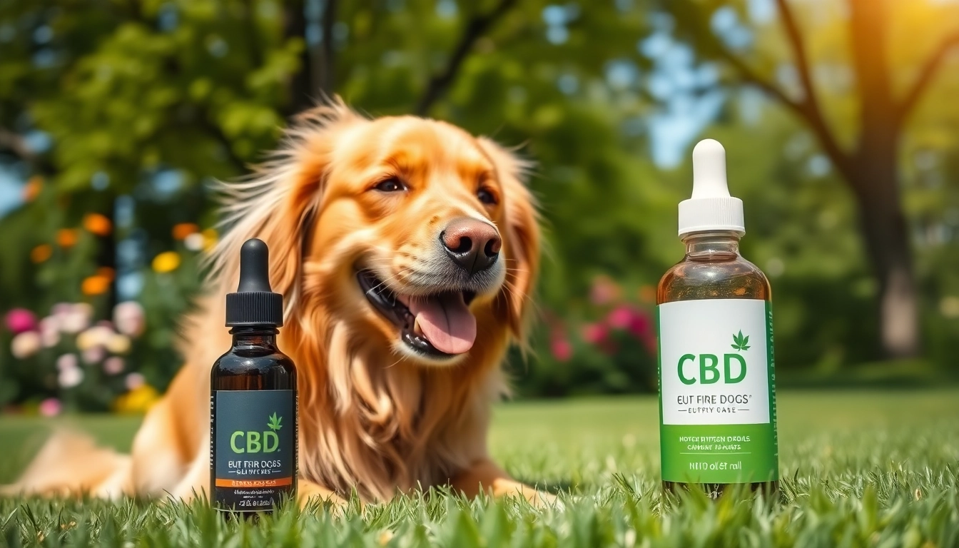 Happy dog near CBD Oil For Dog in a sunny park setting.