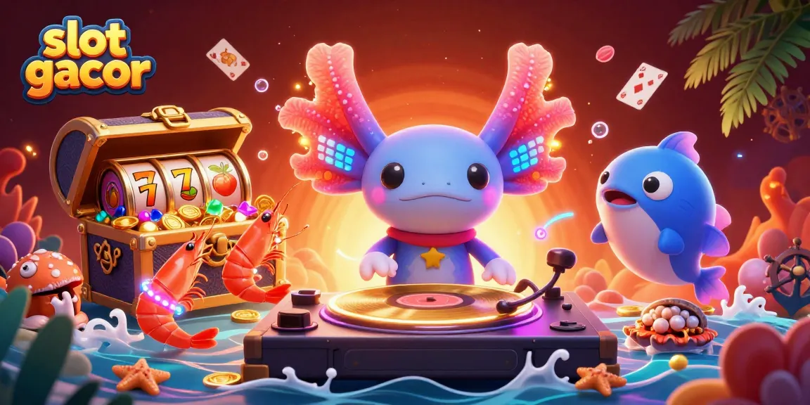 Permainan slot gacor dengan jackpot spektakuler dikelilingi ilustrasi bawah laut berwarna-warni.