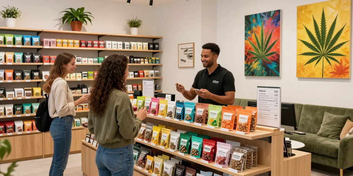 Buy Weed Edibles Online Europe with vibrant displays of cannabis edibles and a friendly budtender assisting customers.