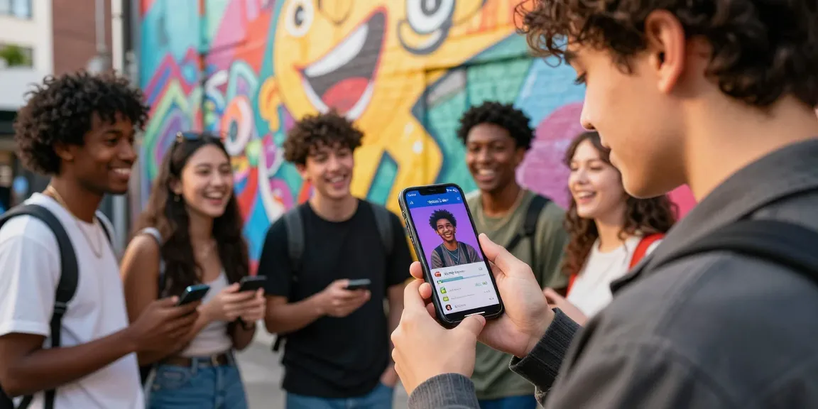 Engaging scene of friends using smash or pass ai app to rate AI-generated images in a vibrant urban setting.