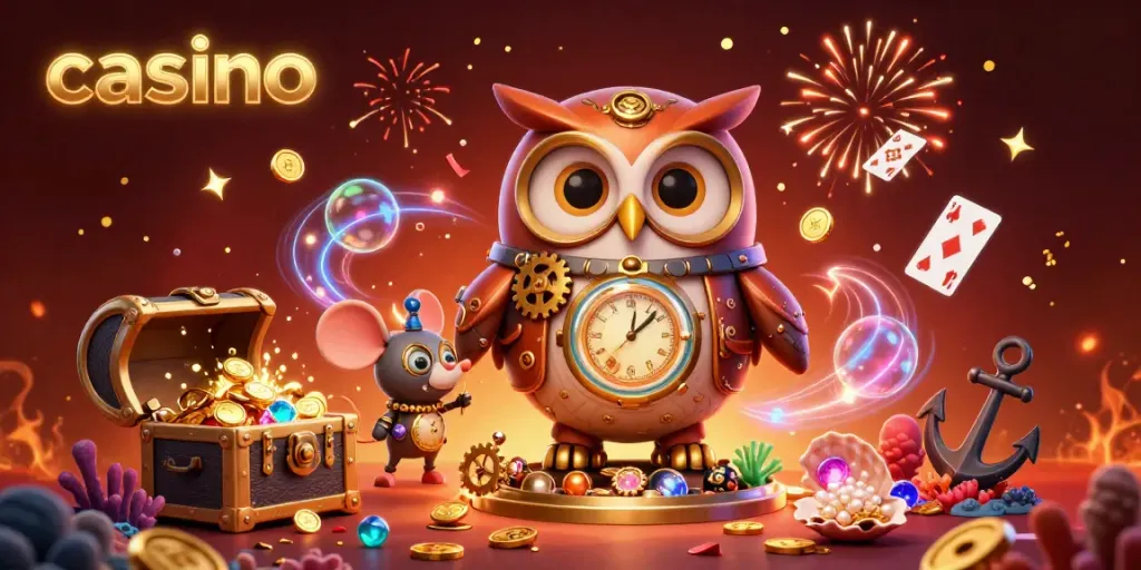 Experience thrilling casino adventures with time-traveling owl and magical elements in this vibrant illustration.
