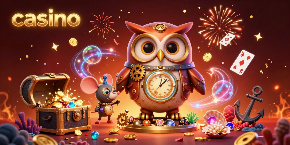 Experience thrilling casino adventures with time-traveling owl and magical elements in this vibrant illustration.