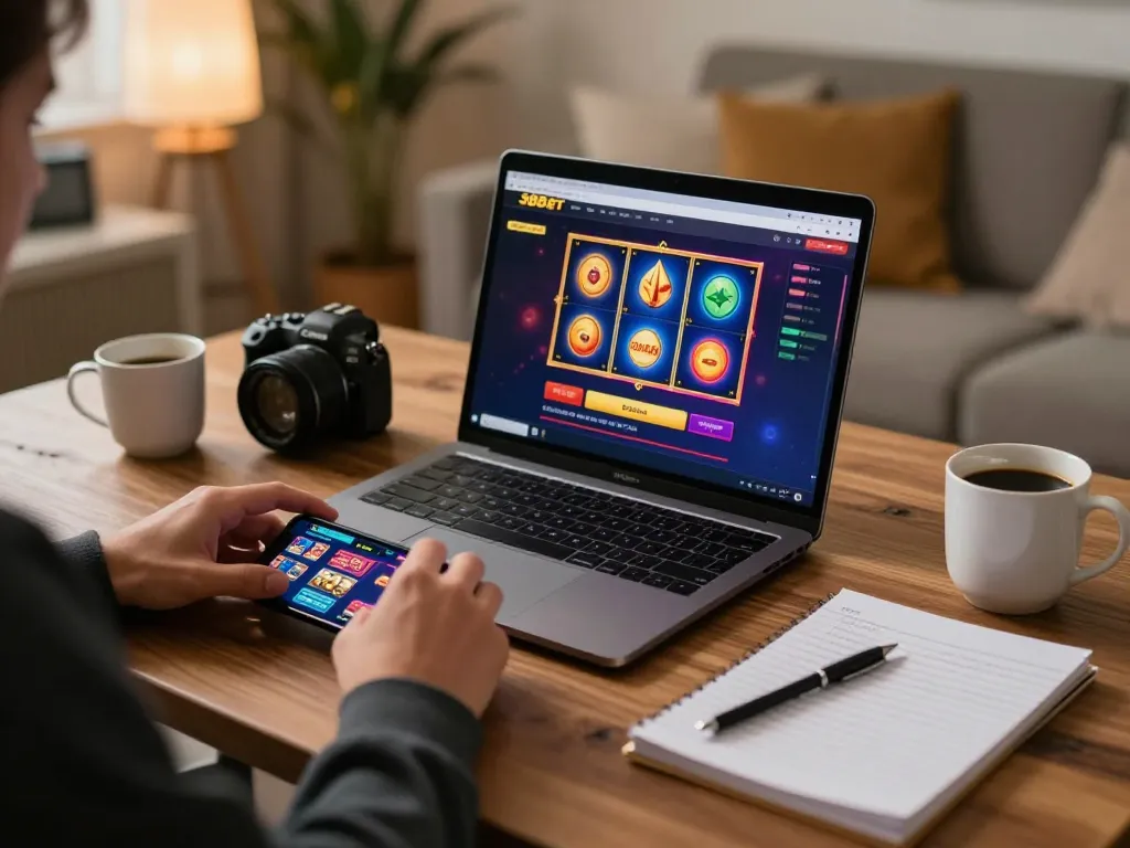 Engaging with the 388bet platform, a player enjoys online casino gaming at home with a laptop and smartphone.