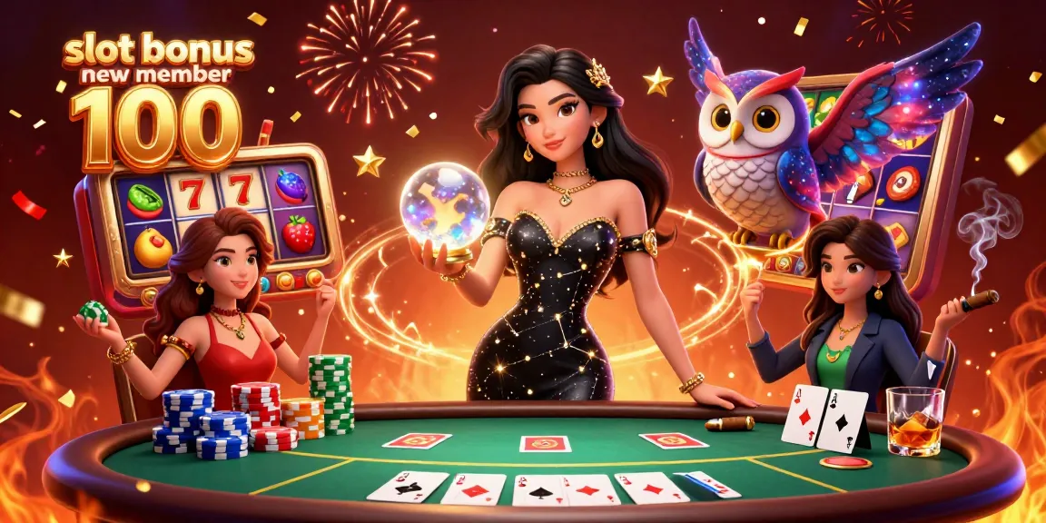 Engage with the slot bonus new member 100 promotion featuring a mystical woman and owl amid a vibrant casino atmosphere.