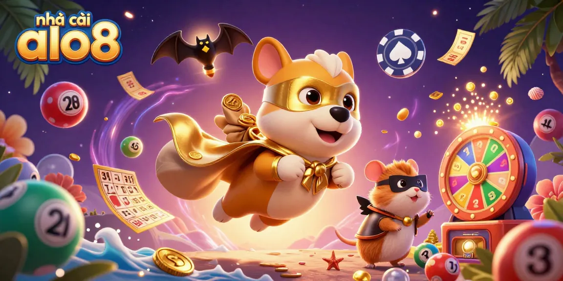 Play casino games with nhà cái alo8 as a joyful dog superhero flies with gold coins, emphasizing fun and excitement.