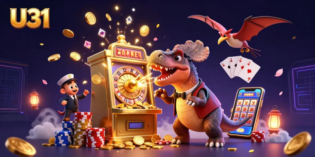 Experience U31's thrilling casino adventure with a dynamic scene showcasing a dinosaur-themed jackpot moment.