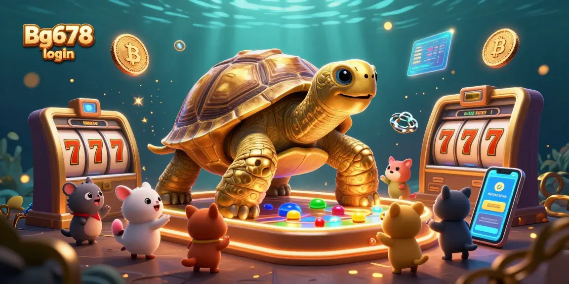 Engage with Bg678 login through a vibrant casino-themed illustration showcasing slot reels and crypto elements.