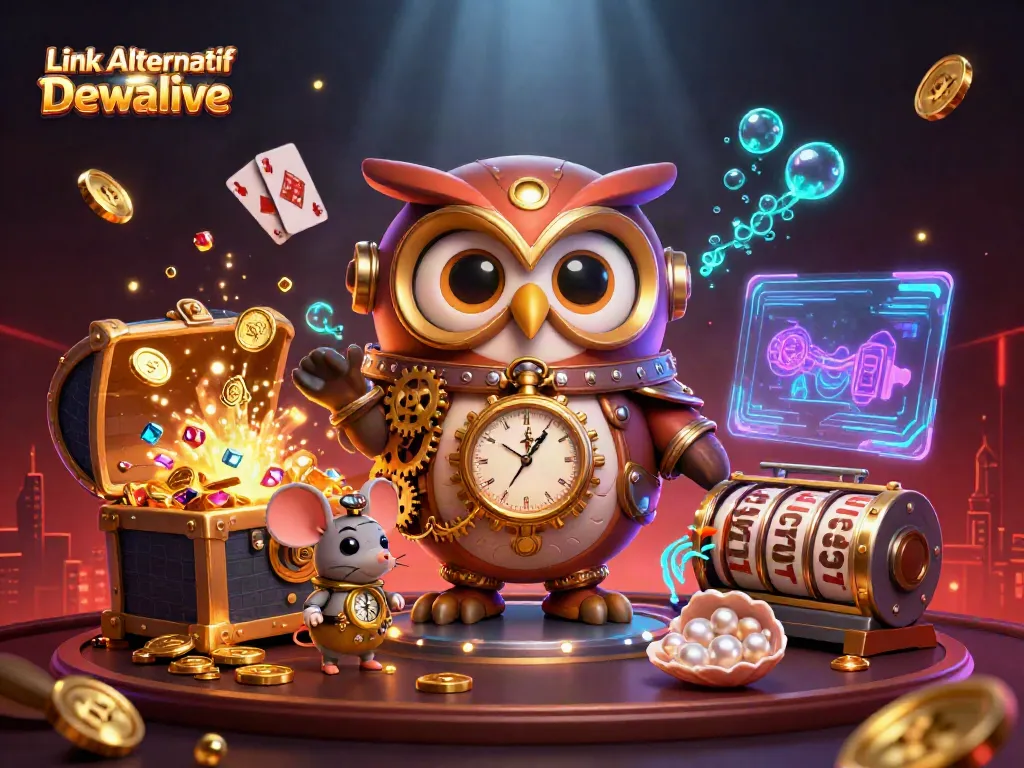 Engage in gaming excitement with the Link Alternatif Dewalive amidst a vibrant, dynamic 3D casino scene.