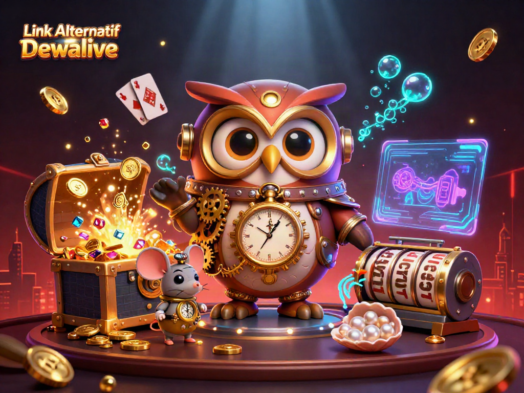 Engage in gaming excitement with the Link Alternatif Dewalive amidst a vibrant, dynamic 3D casino scene.