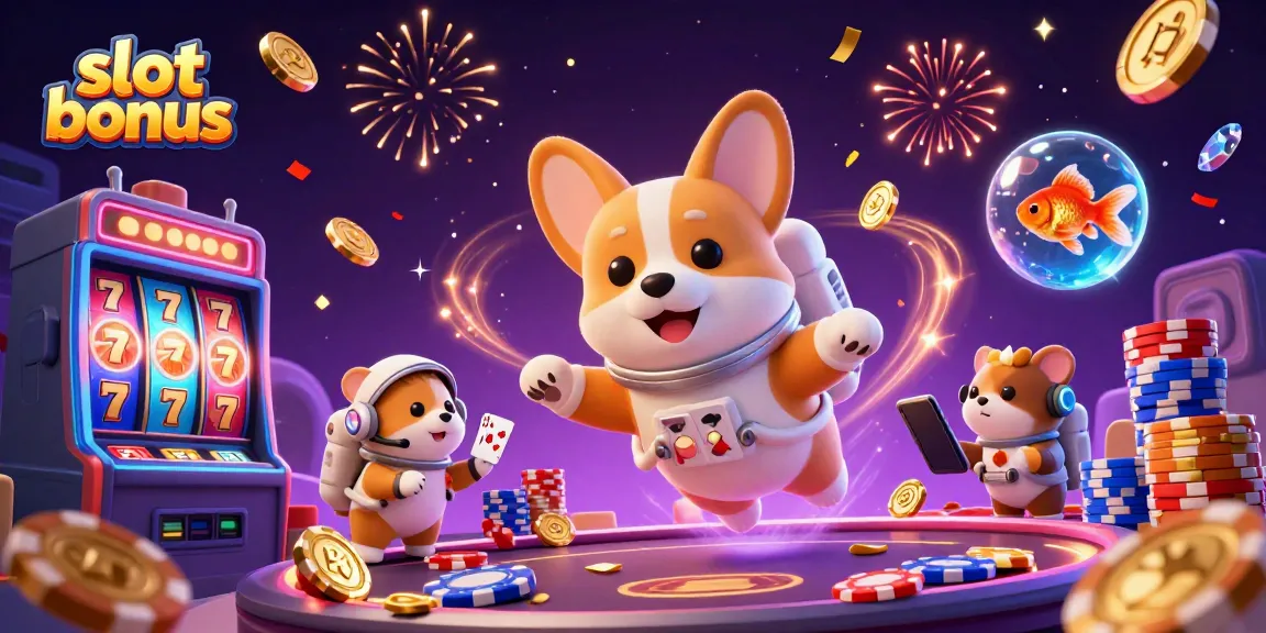 Experience an exciting slot bonus with a cartoon astronaut corgi in a cosmic casino setting.